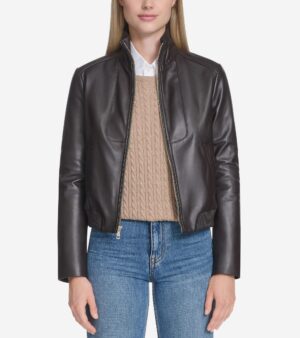 Women's Stand Collar Leather Bomber Jacket
