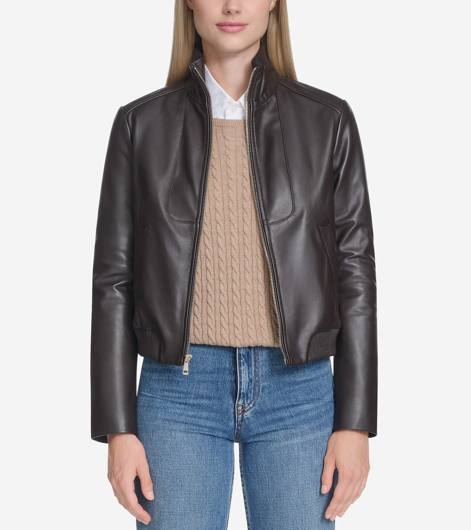 Women's Stand Collar Leather Bomber Jacket