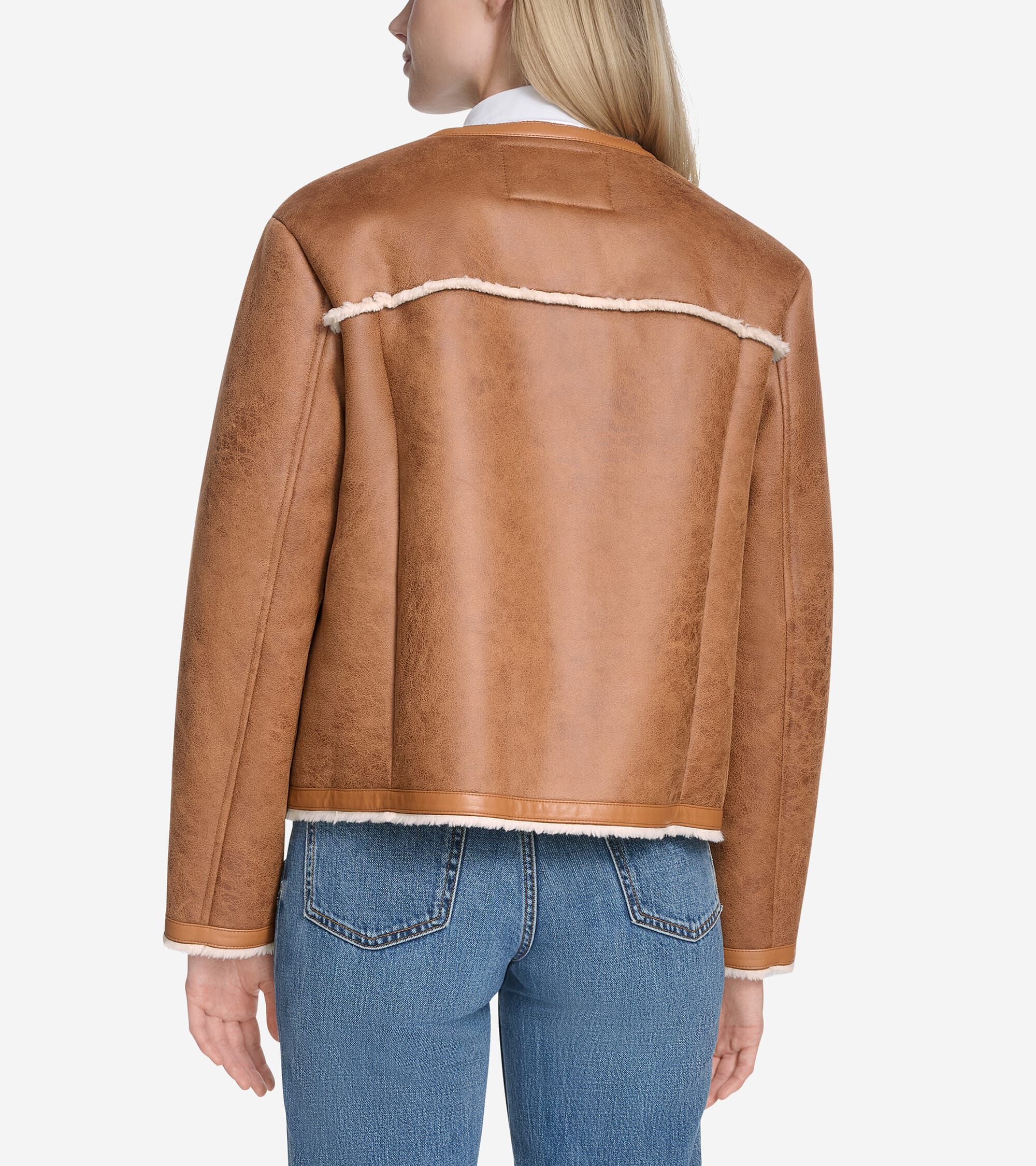 Women's Waxed Suede Shearling Collarless Jacket - Image 2
