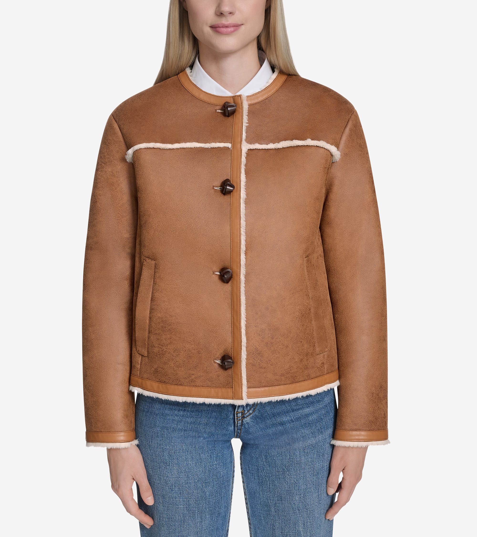 Women's Waxed Suede Shearling Collarless Jacket