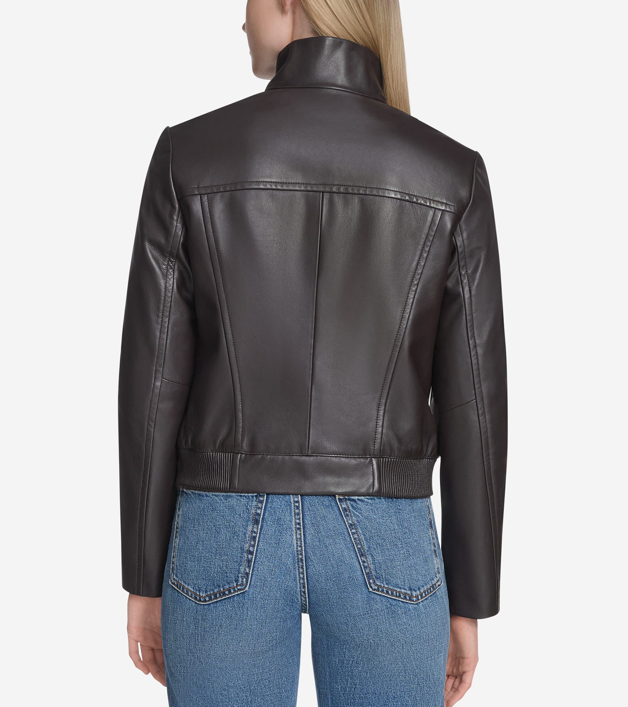 Women's Stand Collar Leather Bomber Jacket - Image 2