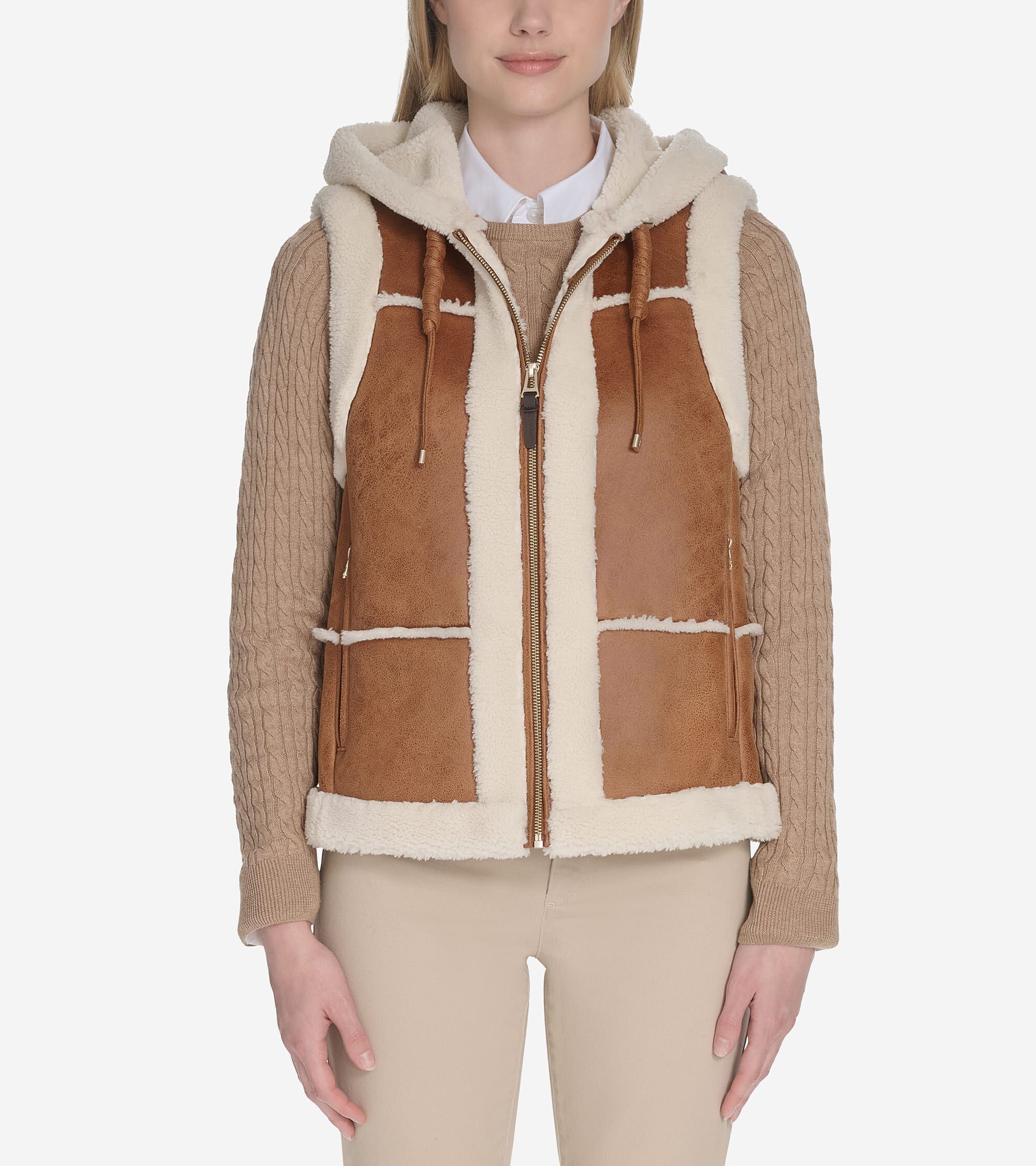 Women's Waxed Suede Shearling Vest With Set-In Hood